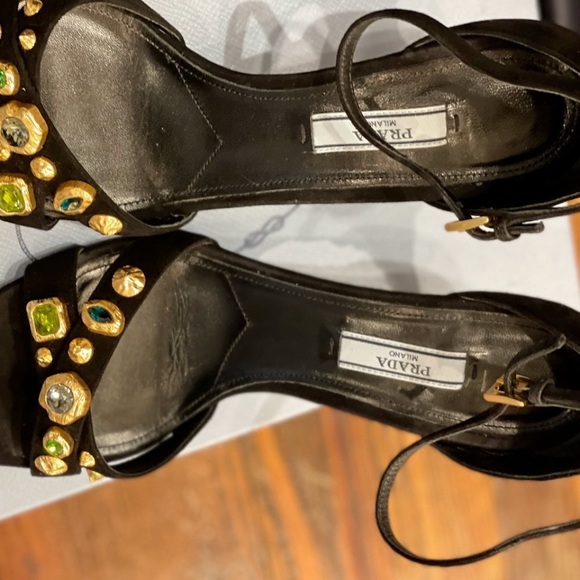 PRADA Black Suede Ankle Strap Sandals Metal Sculptural Gold Heel with Emeralds - Picture 16 of 16